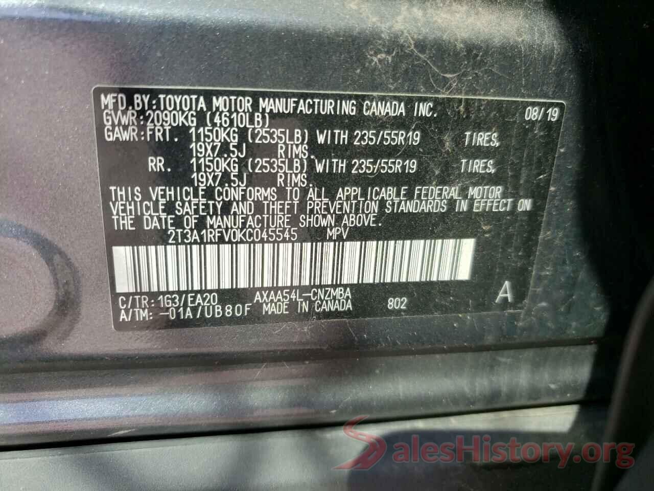 2T3A1RFV0KC045545 2019 TOYOTA RAV4