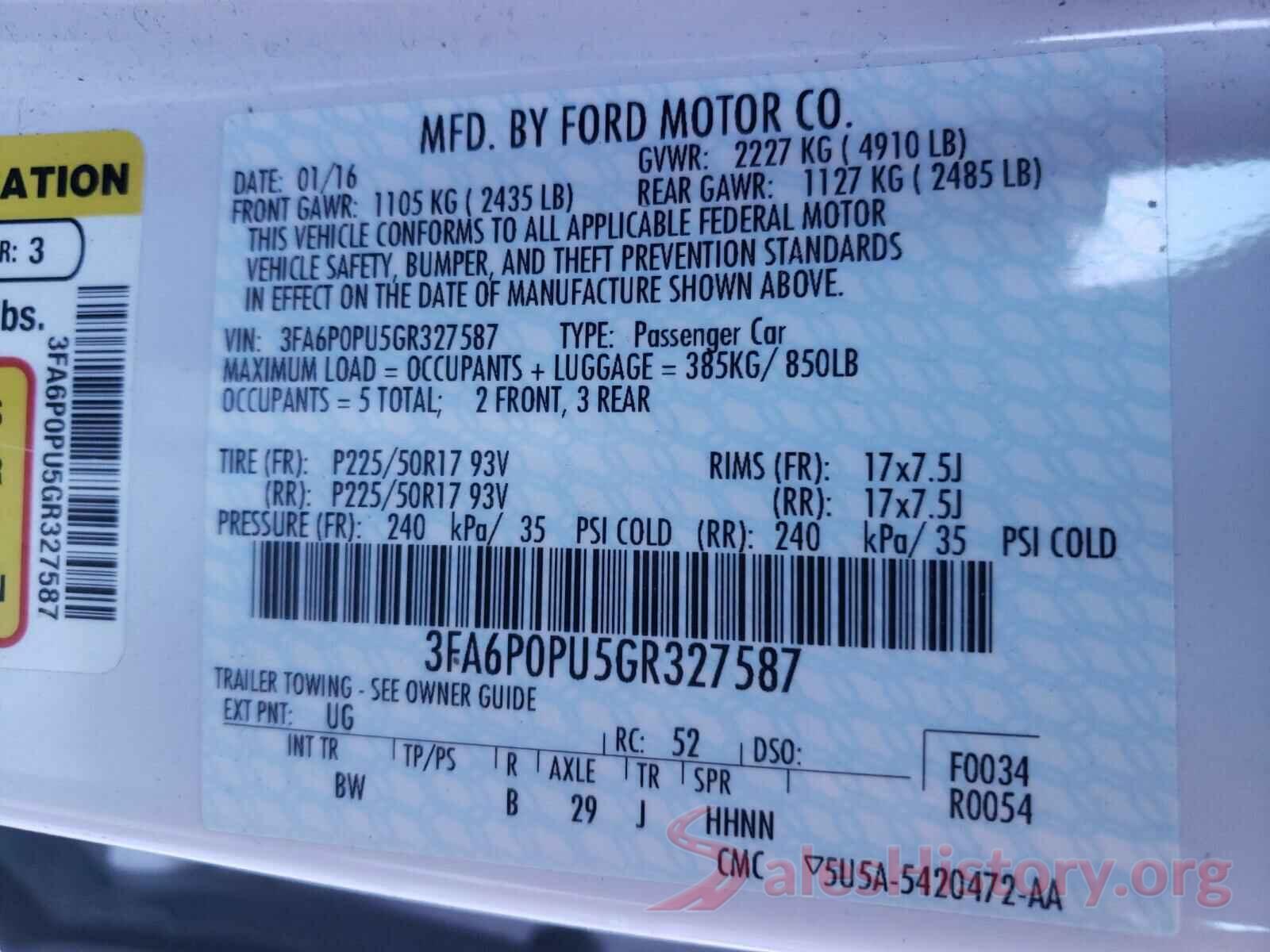 3FA6P0PU5GR327587 2016 FORD FUSION