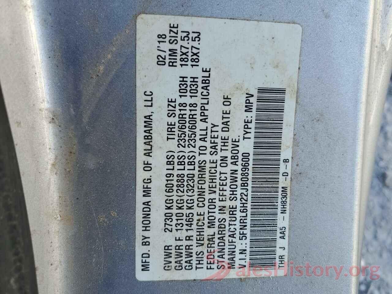 5FNRL6H22JB089600 2018 HONDA ODYSSEY