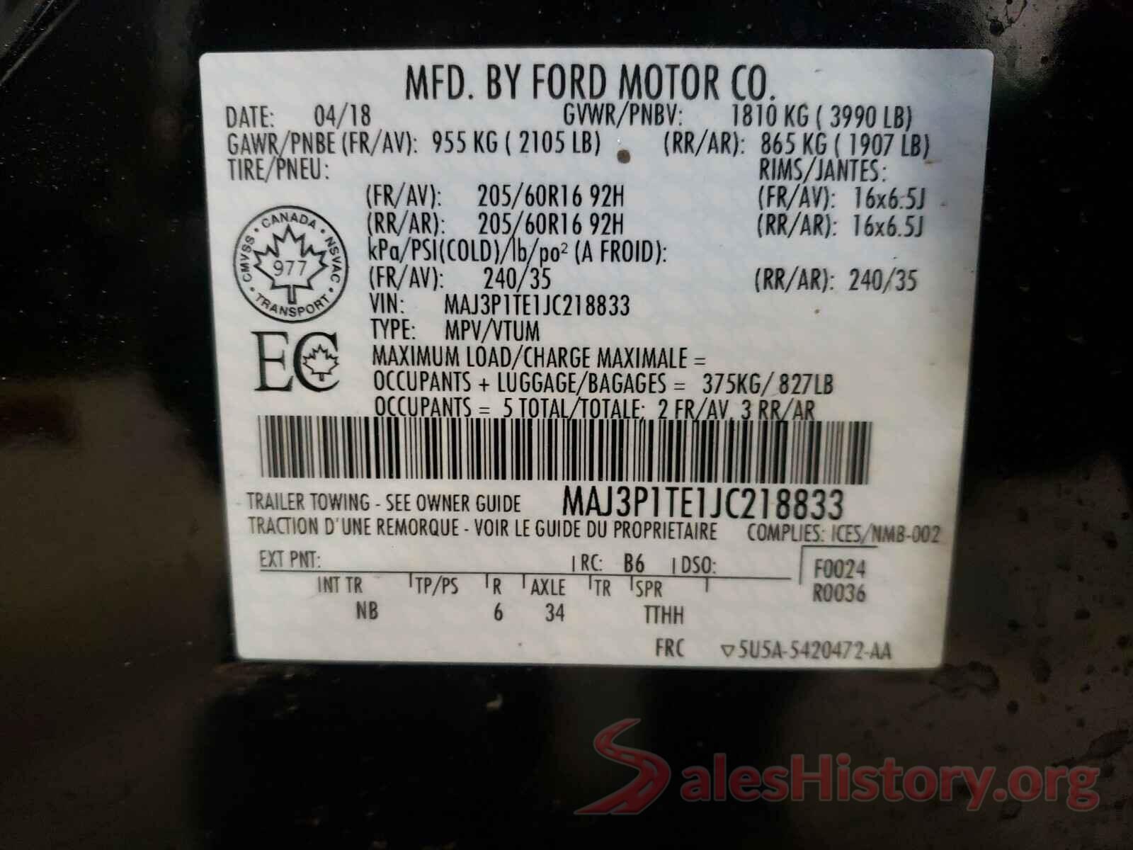 MAJ3P1TE1JC218833 2018 FORD ALL OTHER