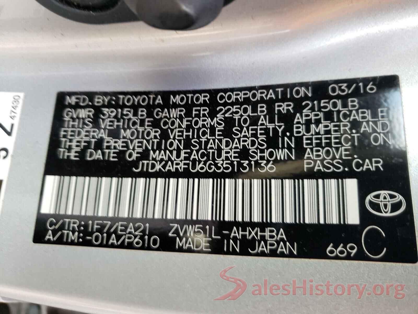 JTDKARFU6G3513136 2016 TOYOTA PRIUS