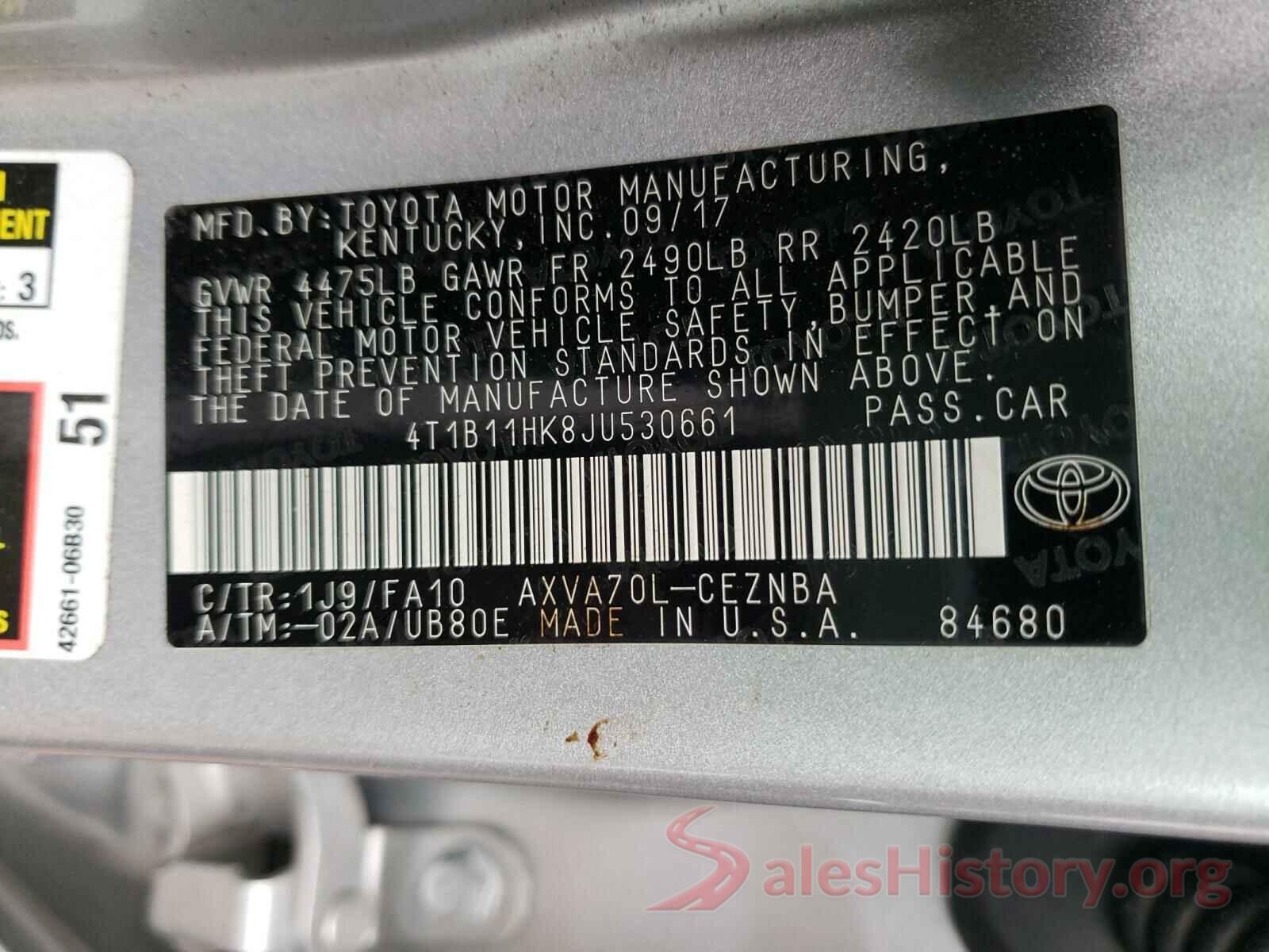 4T1B11HK8JU530661 2018 TOYOTA CAMRY