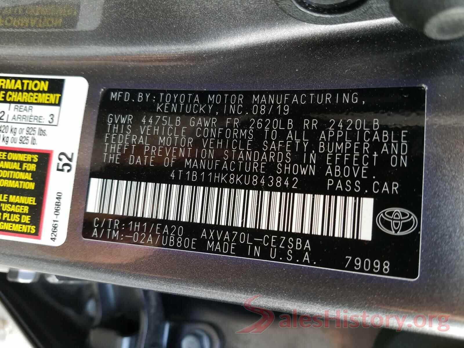 4T1B11HK8KU843842 2019 TOYOTA CAMRY