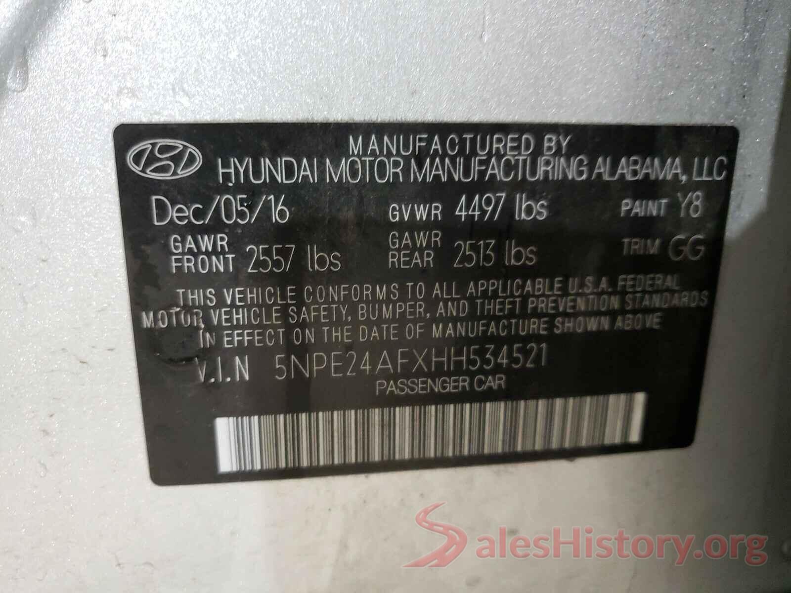 5NPE24AFXHH534521 2017 HYUNDAI SONATA