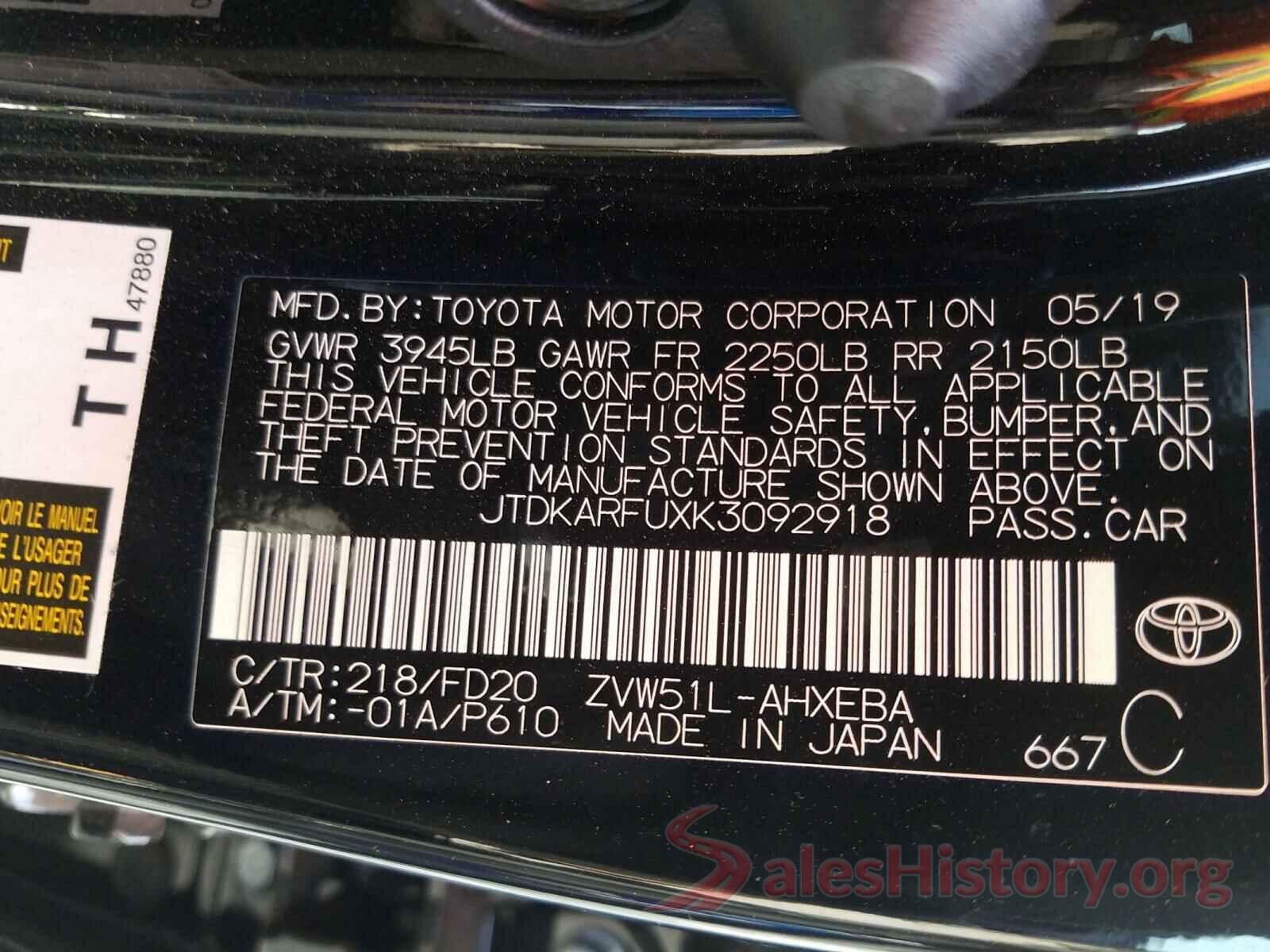 JTDKARFUXK3092918 2019 TOYOTA PRIUS