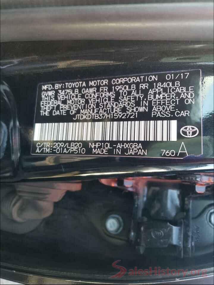 JTDKDTB37H1592721 2017 TOYOTA PRIUS