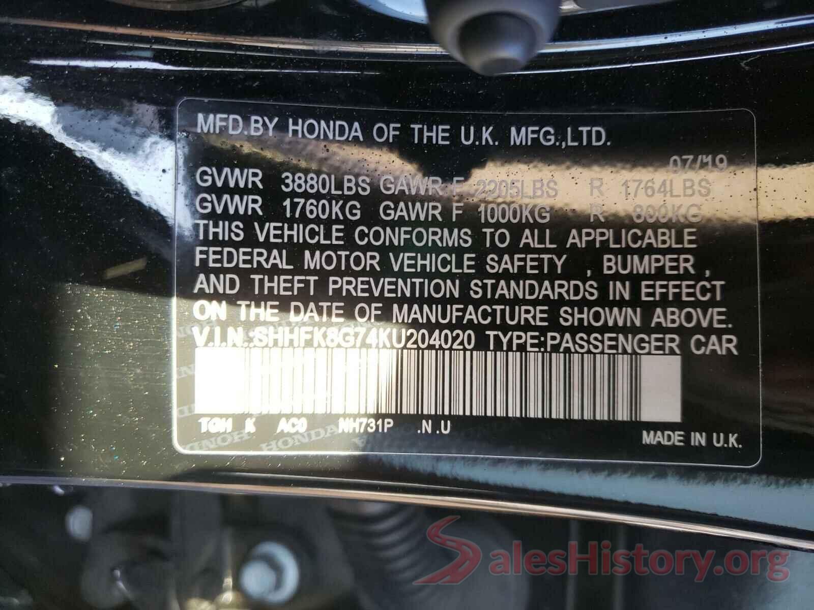 SHHFK8G74KU204020 2019 HONDA CIVIC