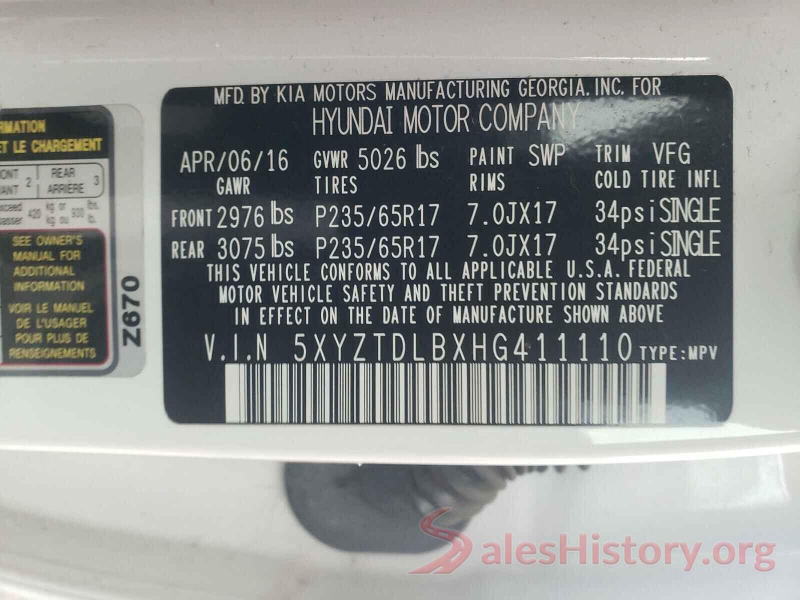 5XYZTDLBXHG411110 2017 HYUNDAI SANTA FE