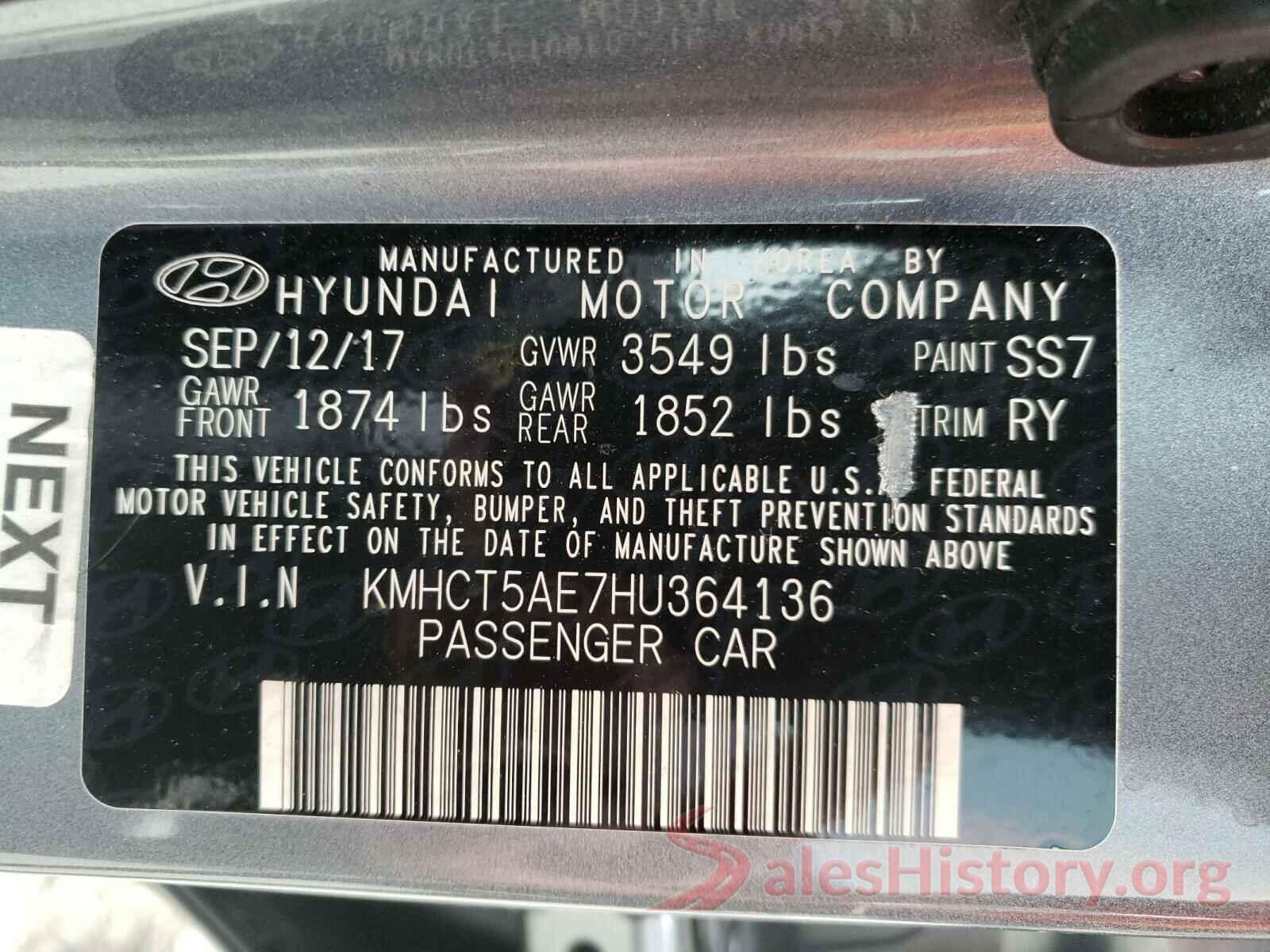 KMHCT5AE7HU364136 2017 HYUNDAI ACCENT