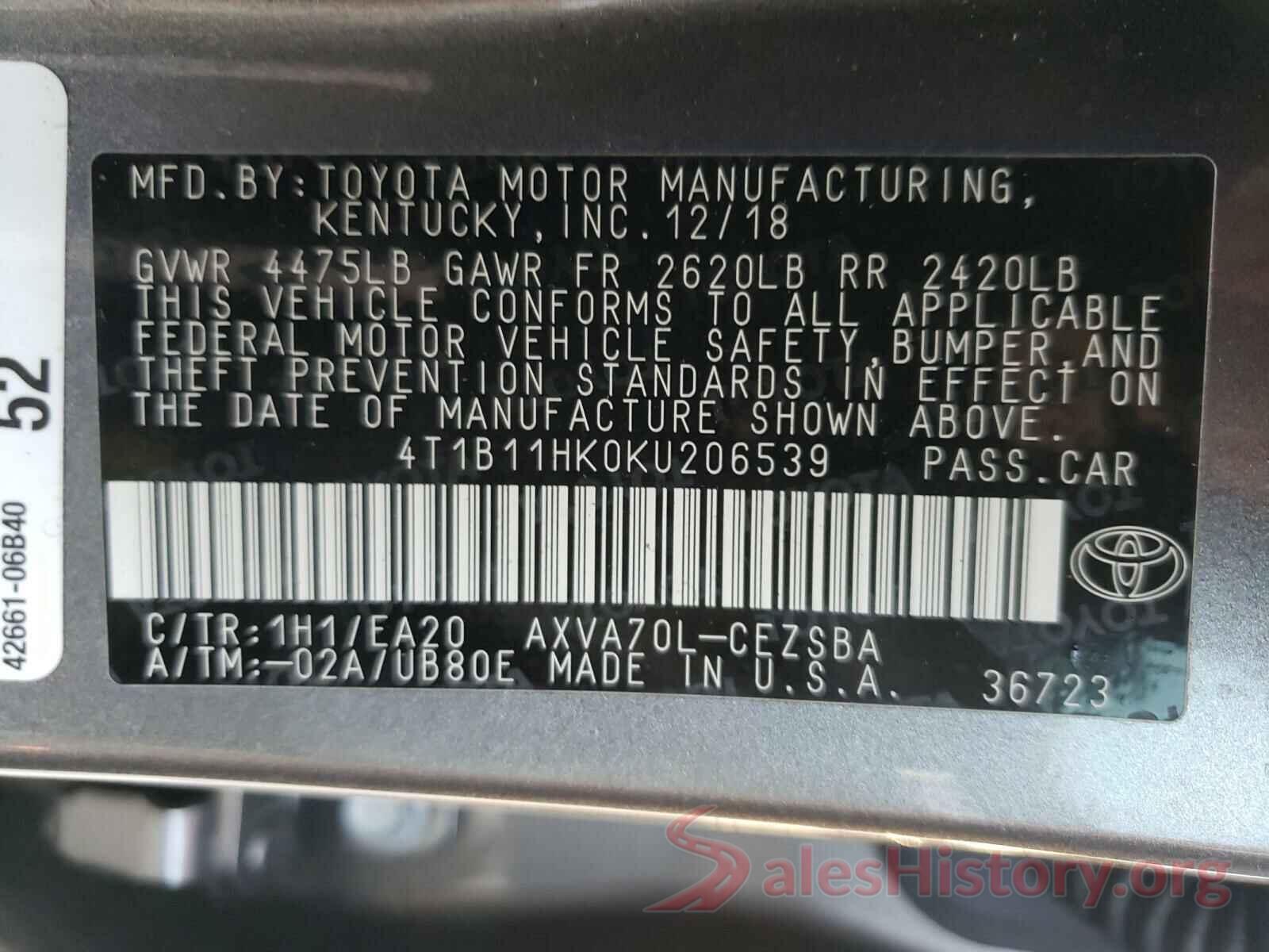 4T1B11HK0KU206539 2019 TOYOTA CAMRY