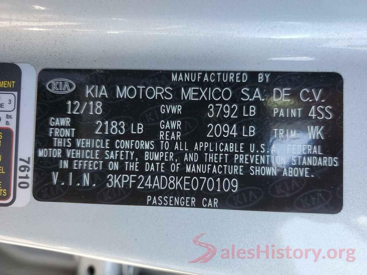 3KPF24AD8KE070109 2019 KIA FORTE