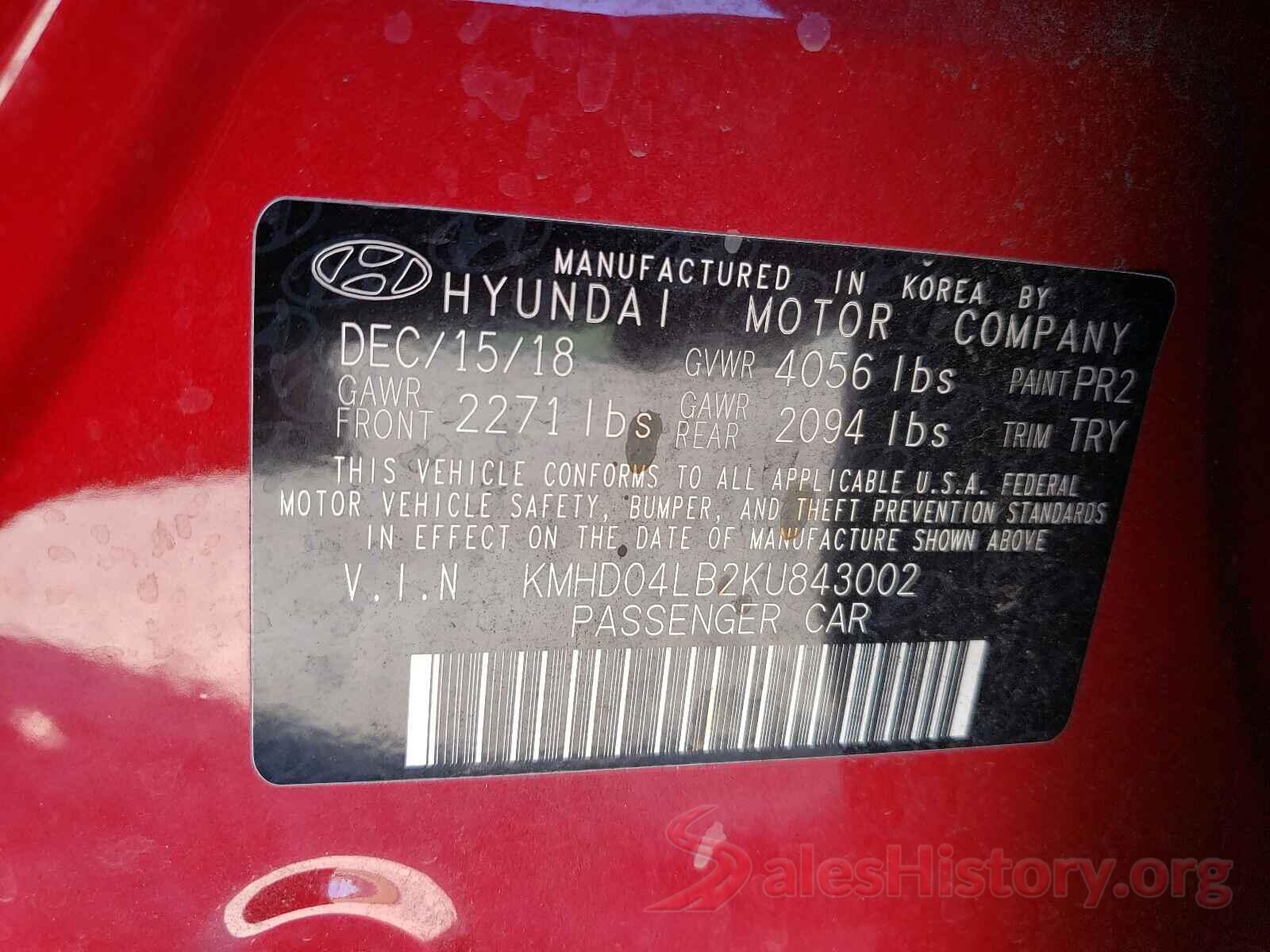 KMHD04LB2KU843002 2019 HYUNDAI ELANTRA