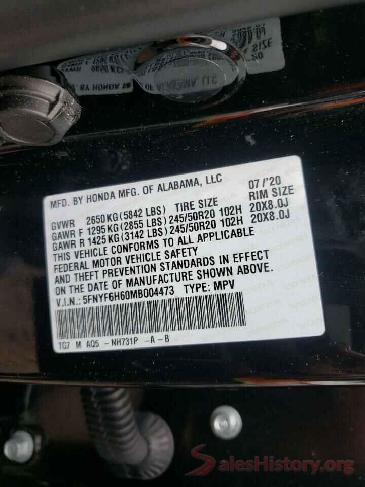 5FNYF6H60MB004473 2021 HONDA PILOT