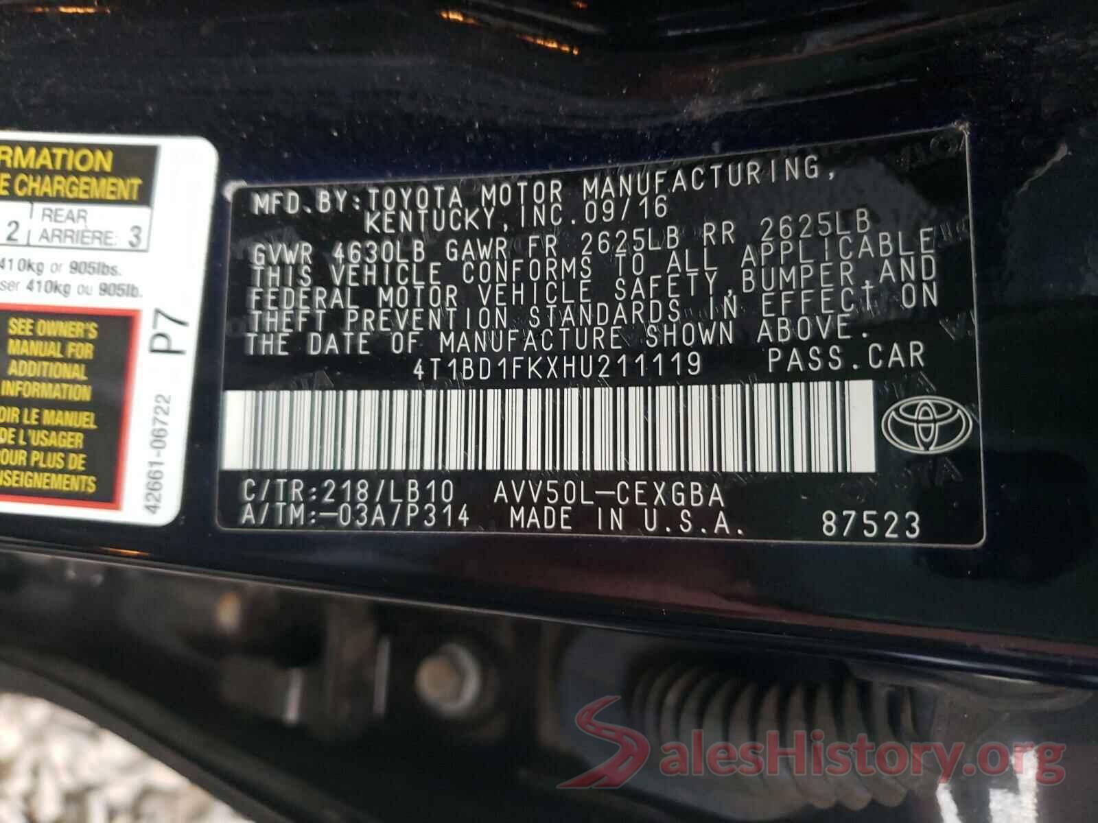 4T1BD1FKXHU211119 2017 TOYOTA CAMRY