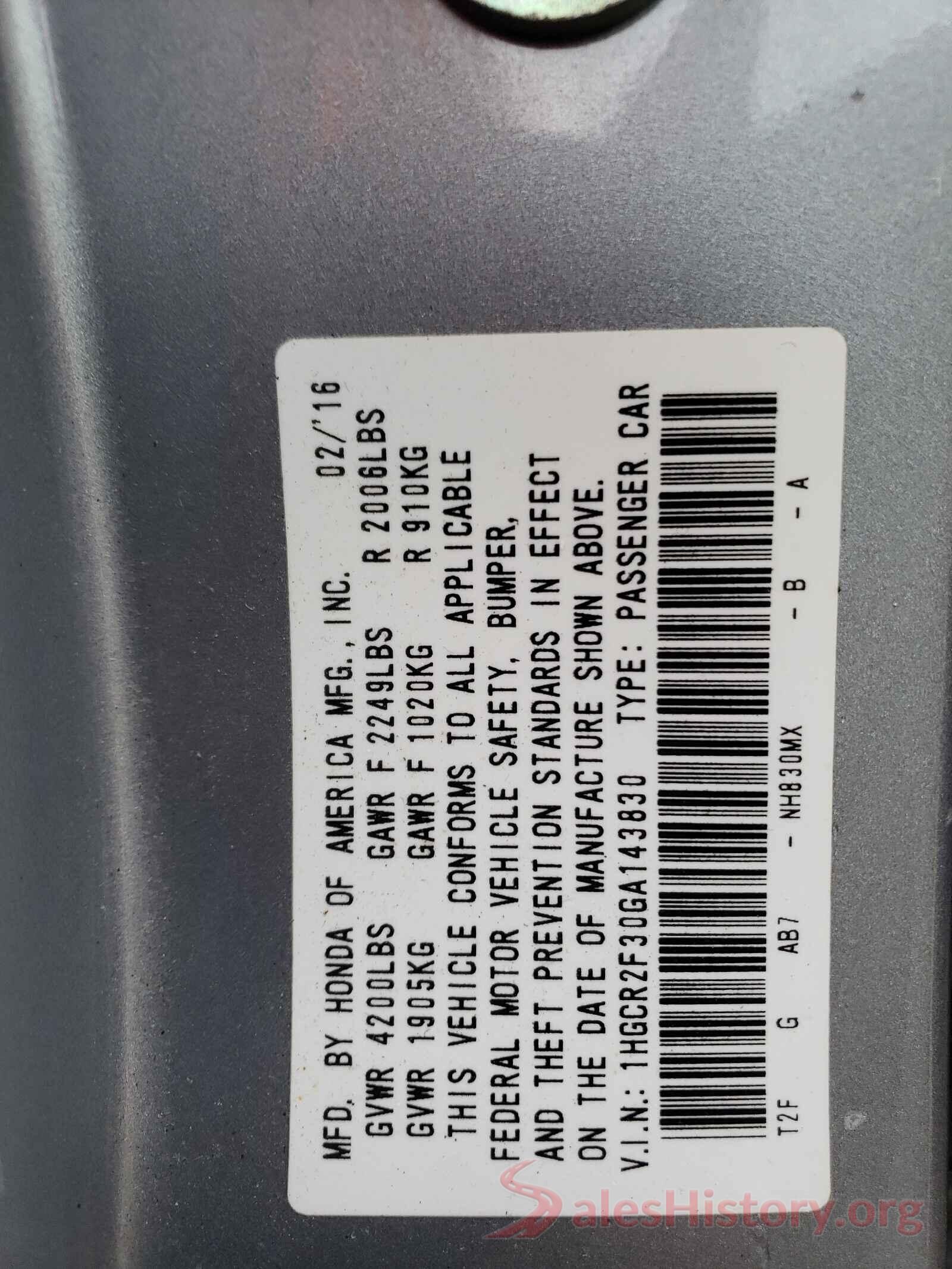 1HGCR2F30GA143830 2016 HONDA ACCORD