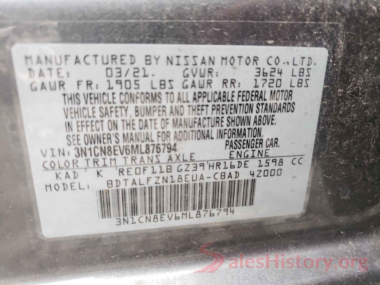 3N1CN8EV6ML876794 2021 NISSAN VERSA