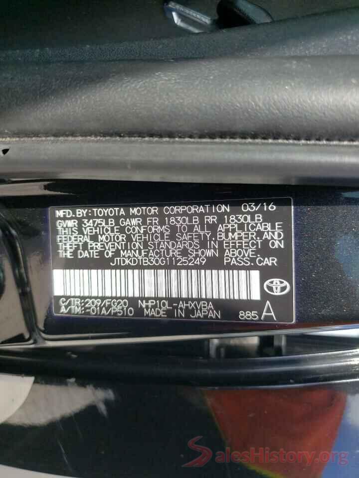 JTDKDTB30G1125249 2016 TOYOTA PRIUS