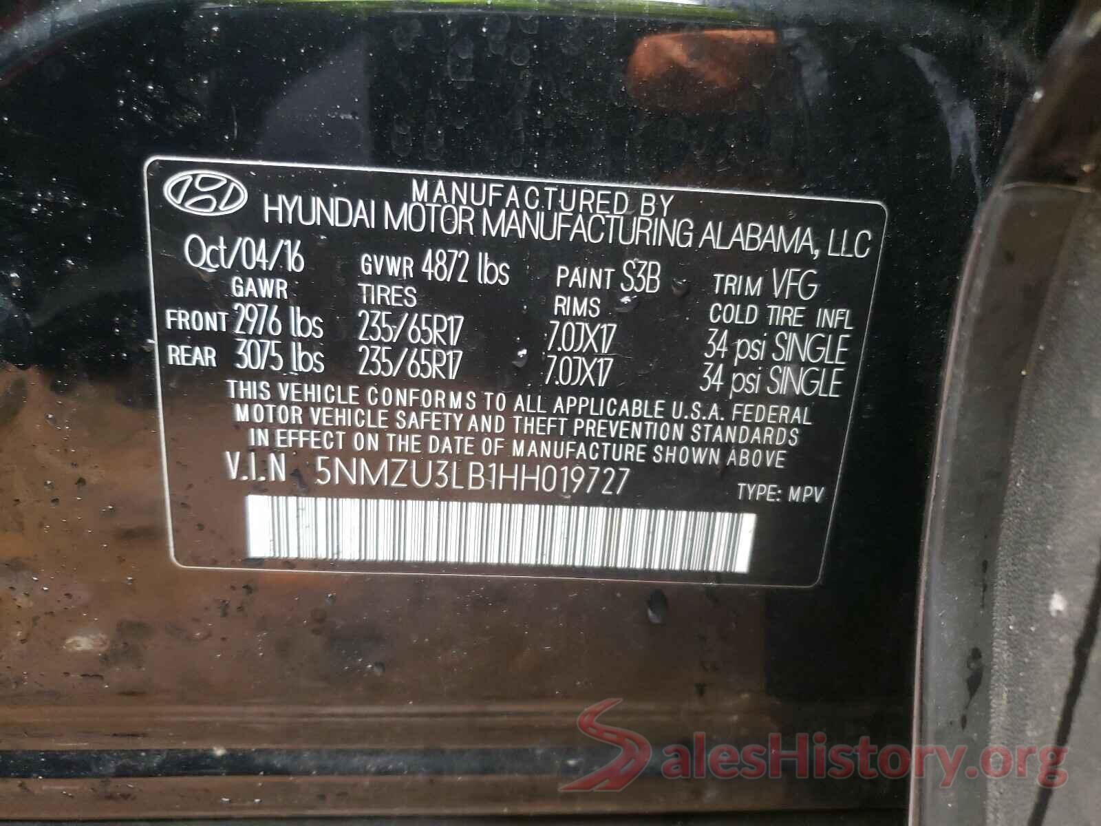 5NMZU3LB1HH019727 2017 HYUNDAI SANTA FE