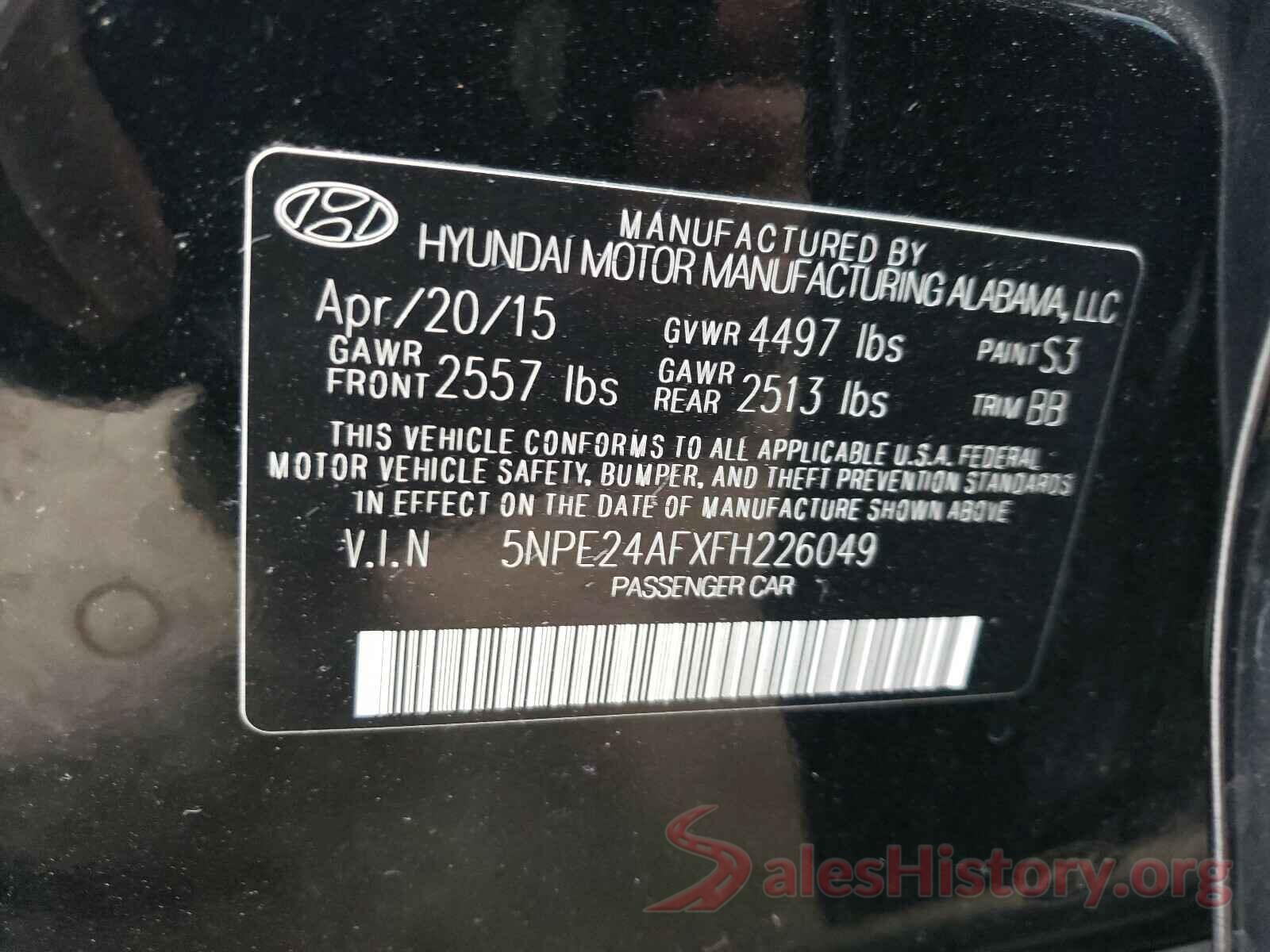 5NPE24AFXFH226049 2015 HYUNDAI SONATA