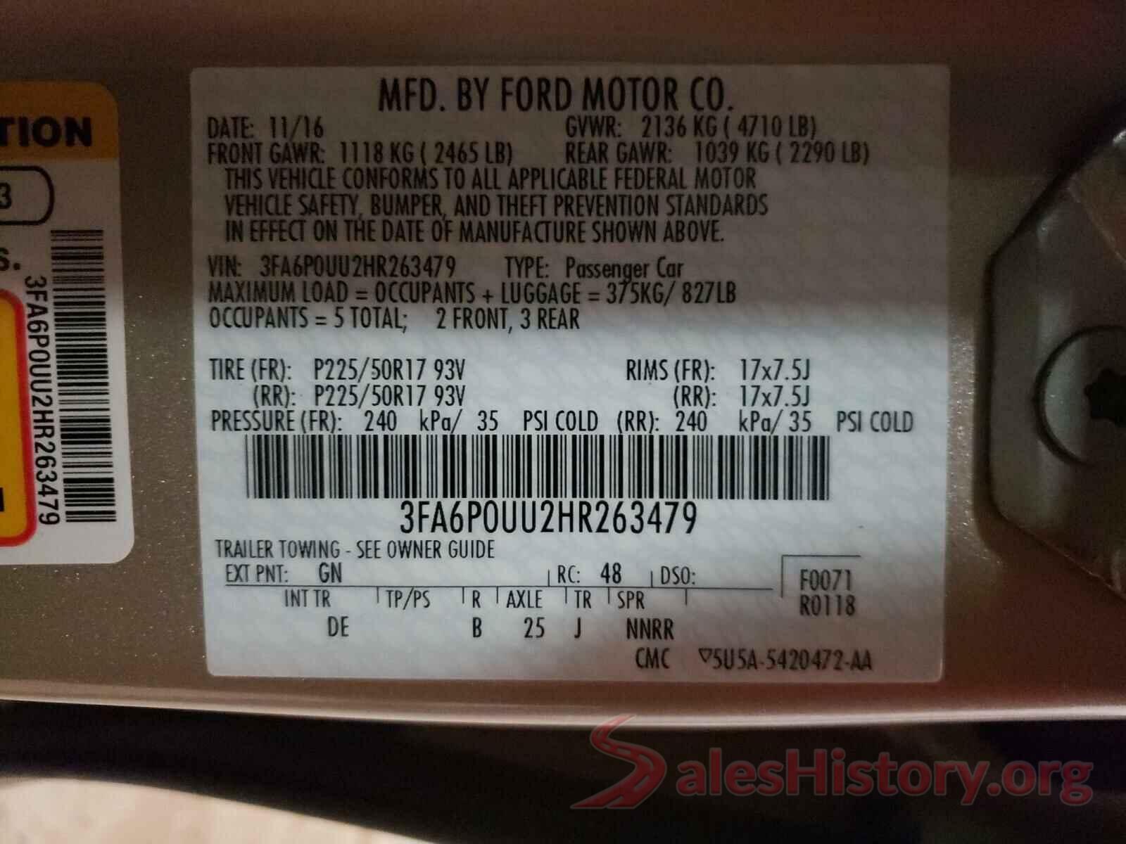 3FA6P0UU2HR263479 2017 FORD FUSION