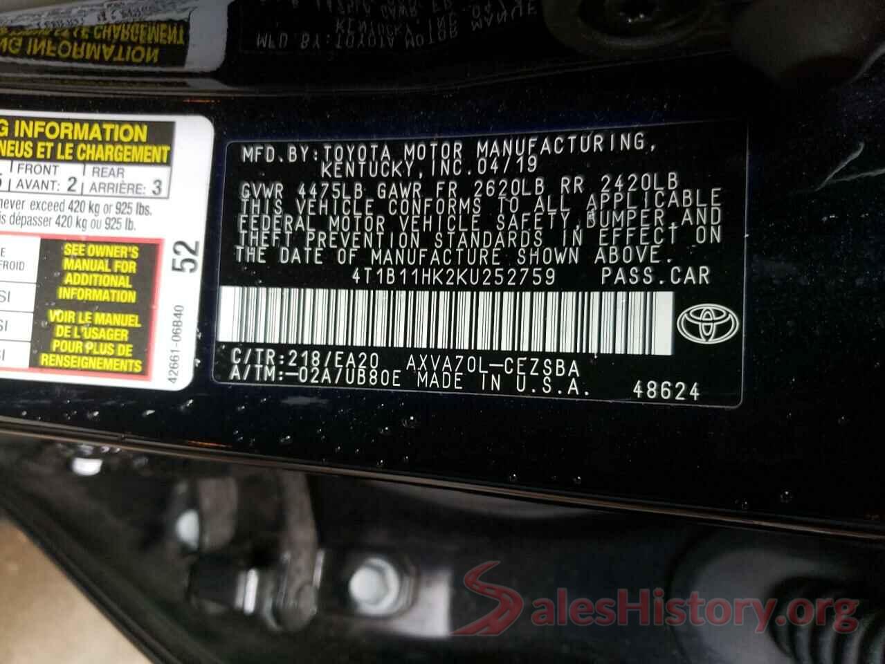 4T1B11HK2KU252759 2019 TOYOTA CAMRY