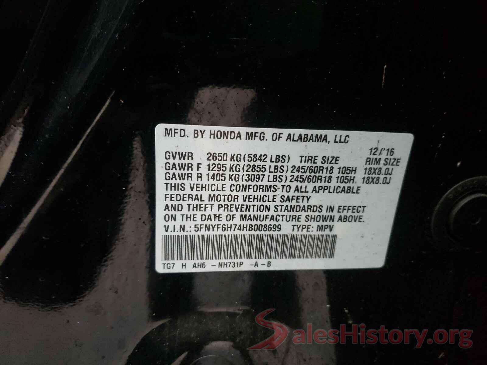 5FNYF6H74HB008699 2017 HONDA PILOT