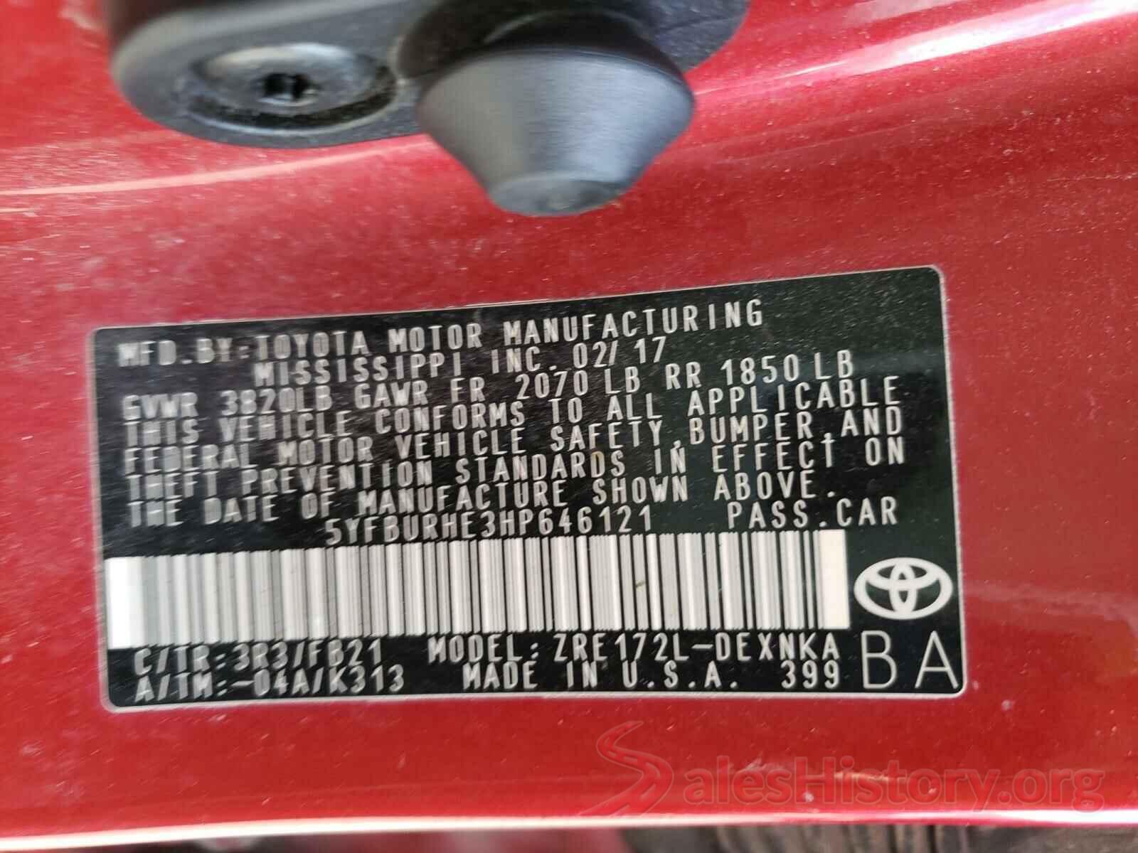 5YFBURHE3HP646121 2017 TOYOTA COROLLA