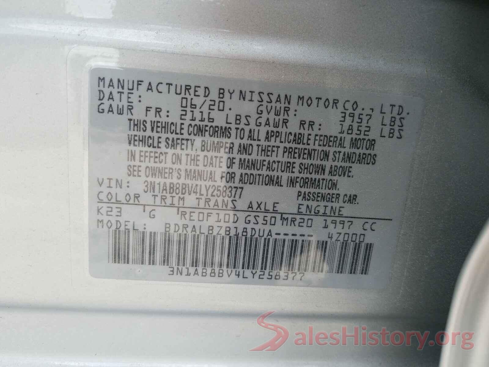 3N1AB8BV4LY258377 2020 NISSAN SENTRA