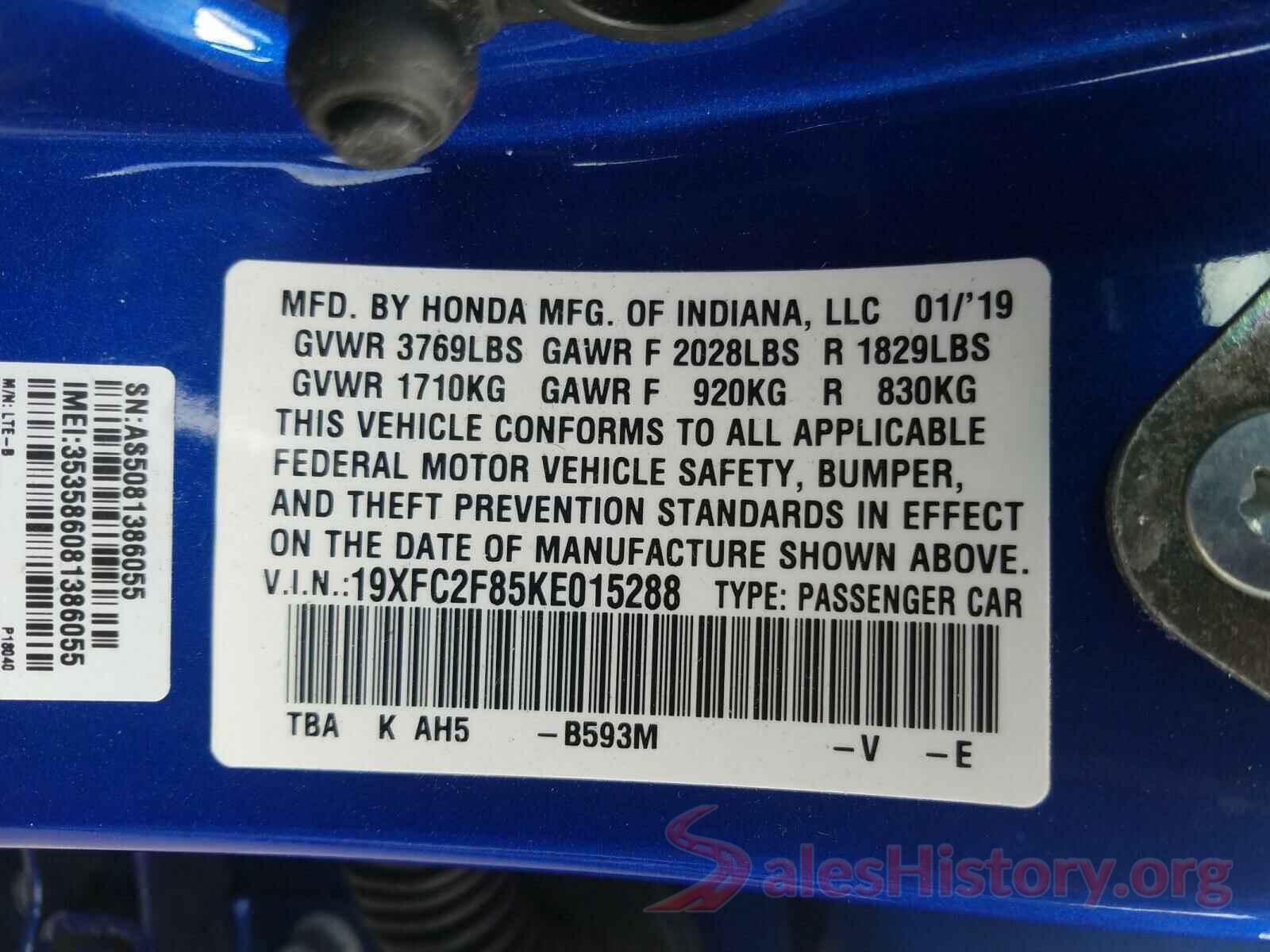 19XFC2F85KE015288 2019 HONDA CIVIC