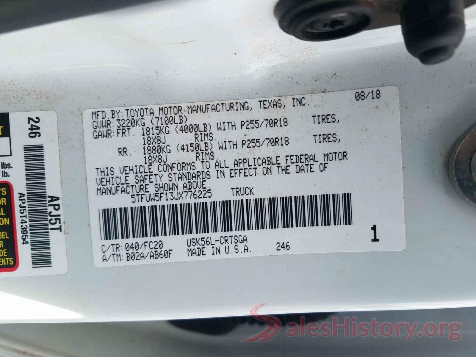 5TFUW5F13JX776225 2018 TOYOTA TUNDRA