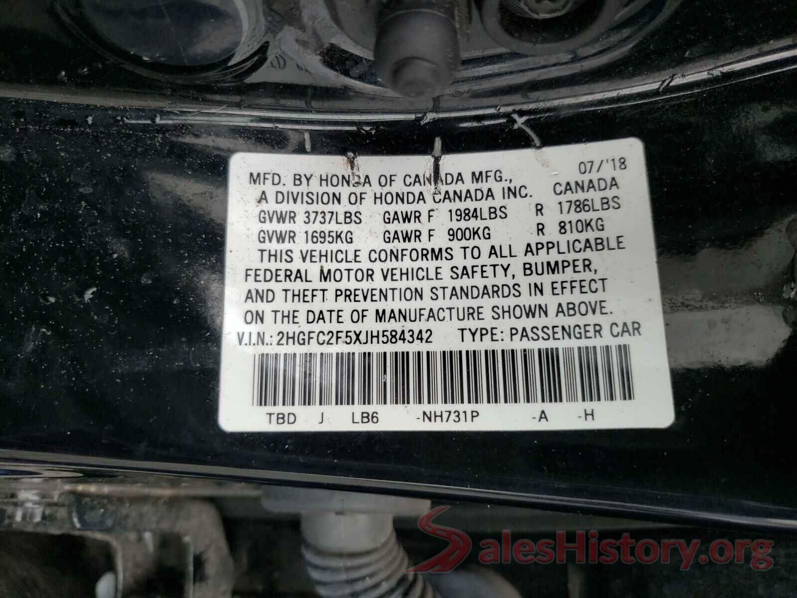 2HGFC2F5XJH584342 2018 HONDA CIVIC