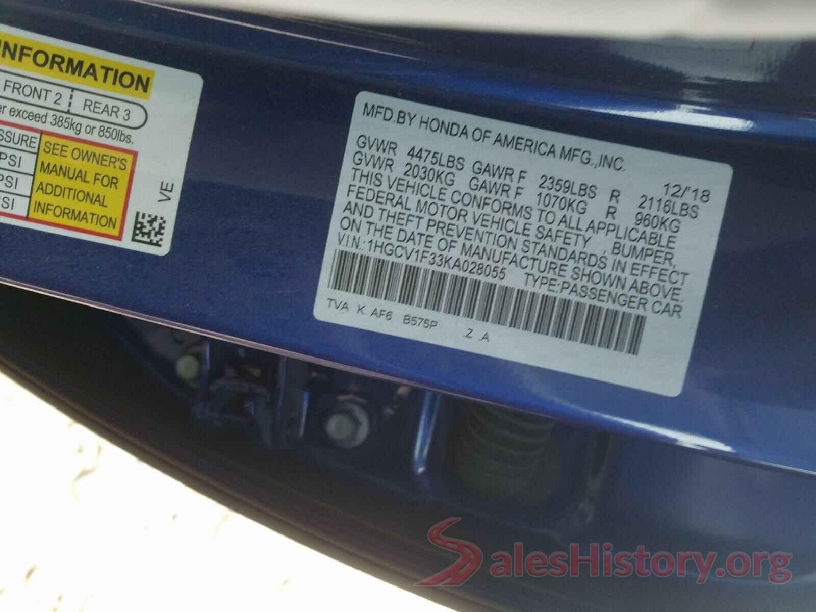 1HGCV1F33KA028055 2019 HONDA ACCORD