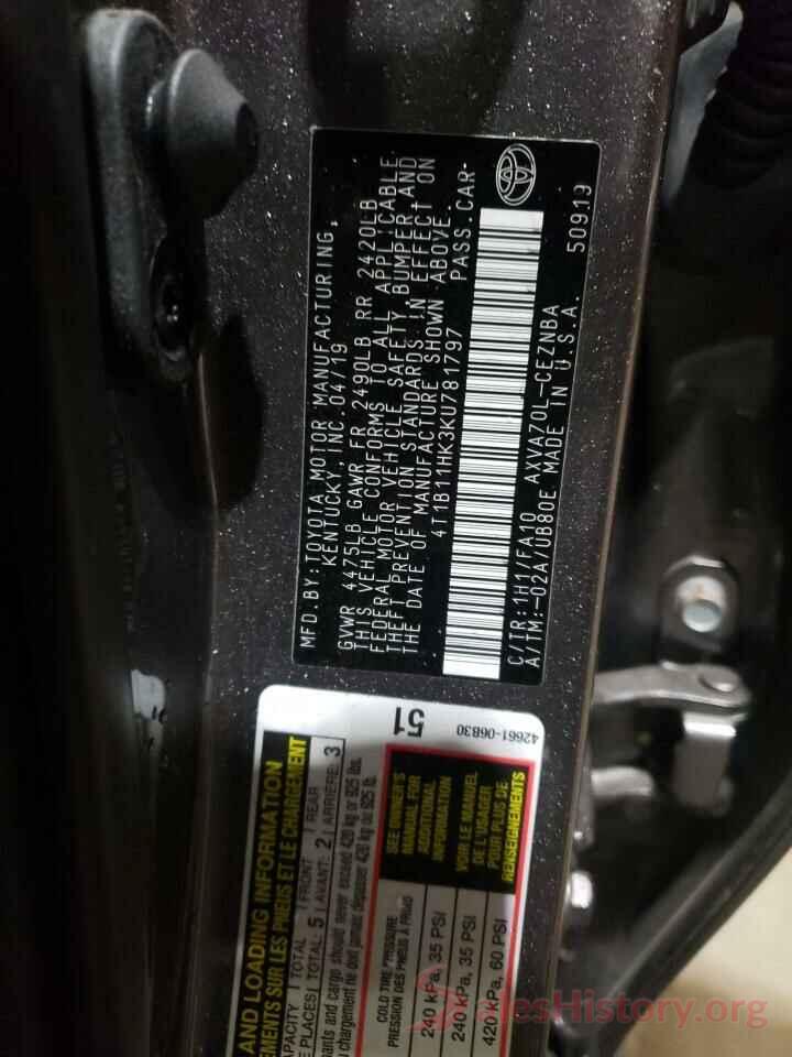 4T1B11HK3KU781797 2019 TOYOTA CAMRY