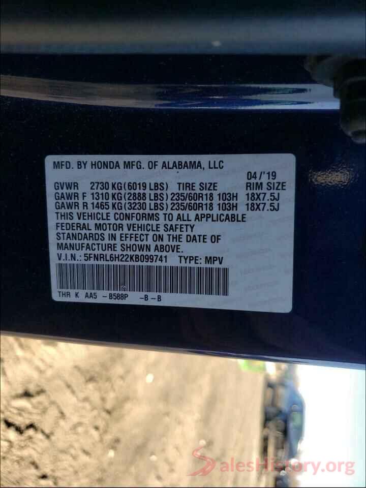 5FNRL6H22KB099741 2019 HONDA ODYSSEY