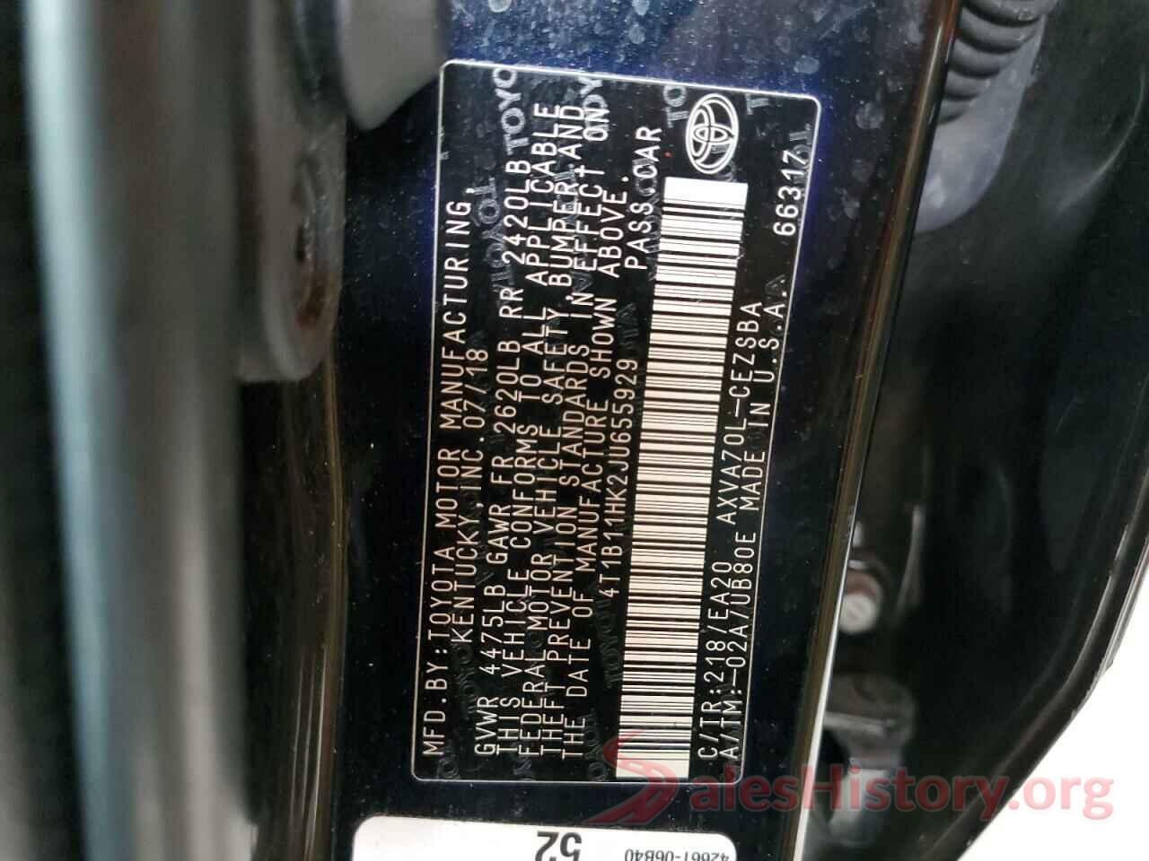 4T1B11HK2JU655929 2018 TOYOTA CAMRY