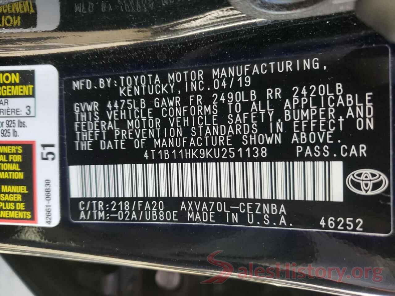 4T1B11HK9KU251138 2019 TOYOTA CAMRY