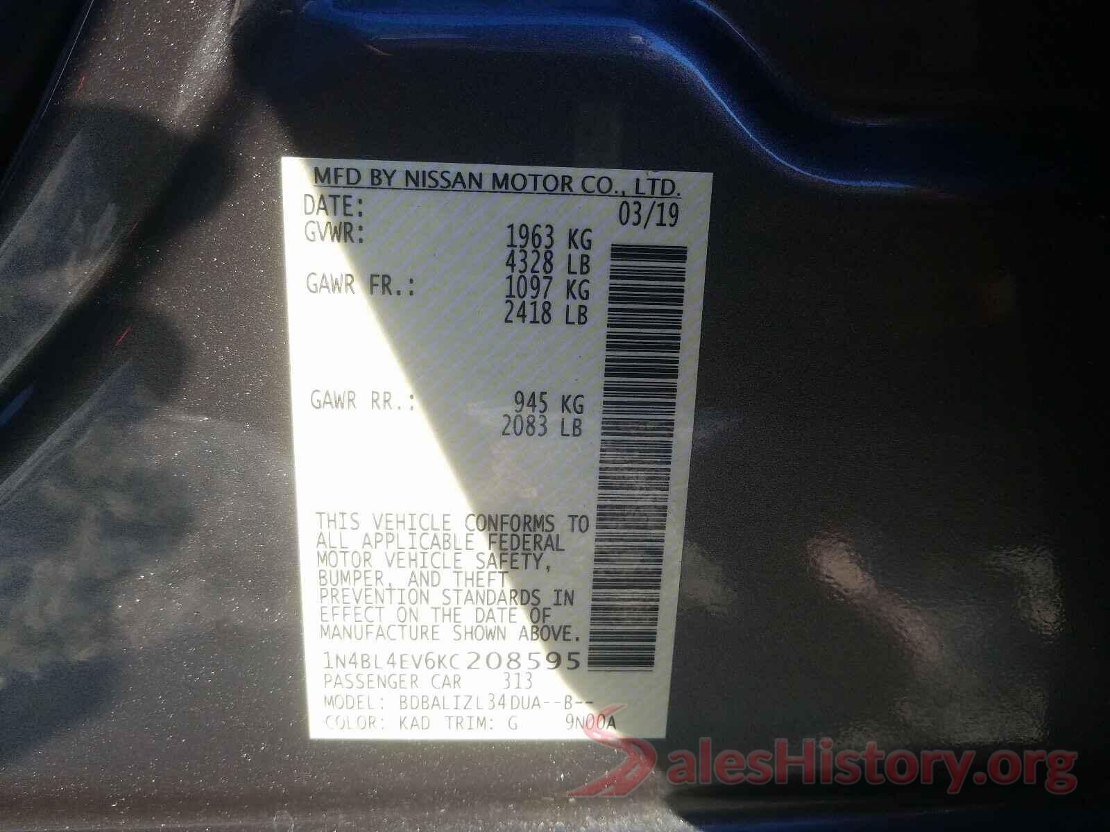 1N4BL4EV6KC208595 2019 NISSAN ALTIMA