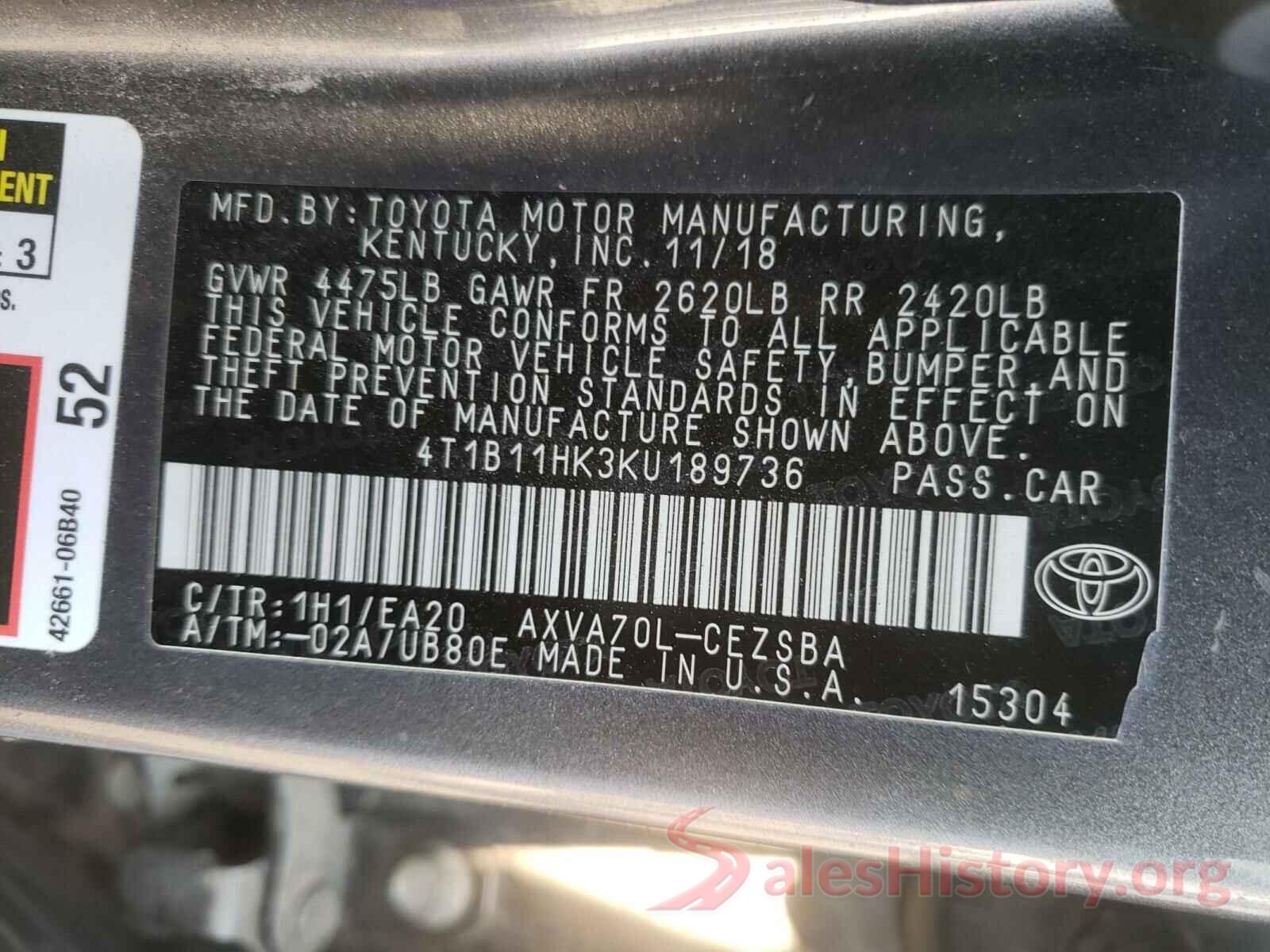 4T1B11HK3KU189736 2019 TOYOTA CAMRY