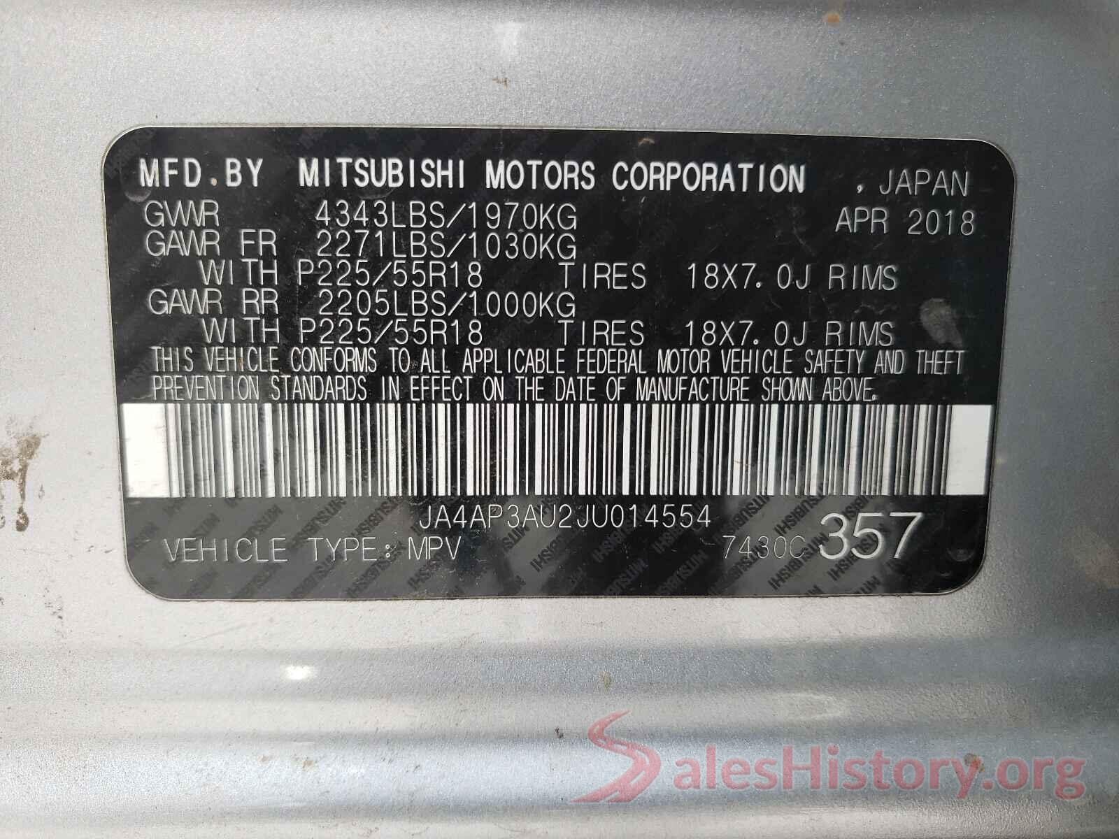 JA4AP3AU2JU014554 2018 MITSUBISHI OUTLANDER