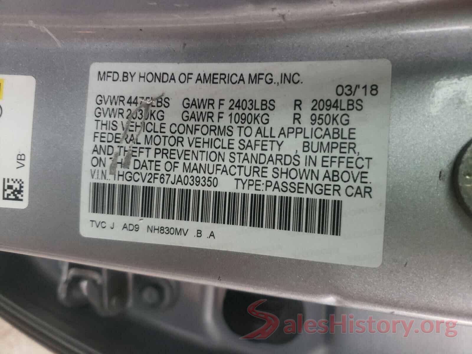 1HGCV2F67JA039350 2018 HONDA ACCORD