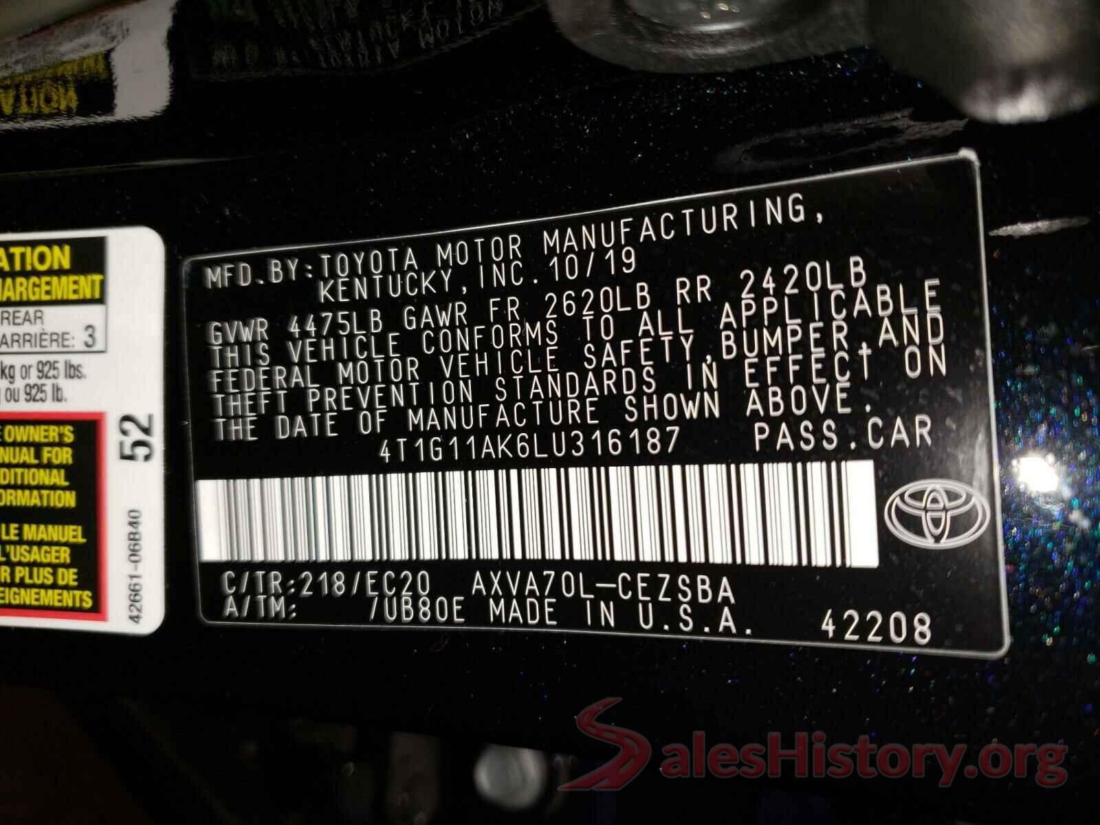 4T1G11AK6LU316187 2020 TOYOTA CAMRY