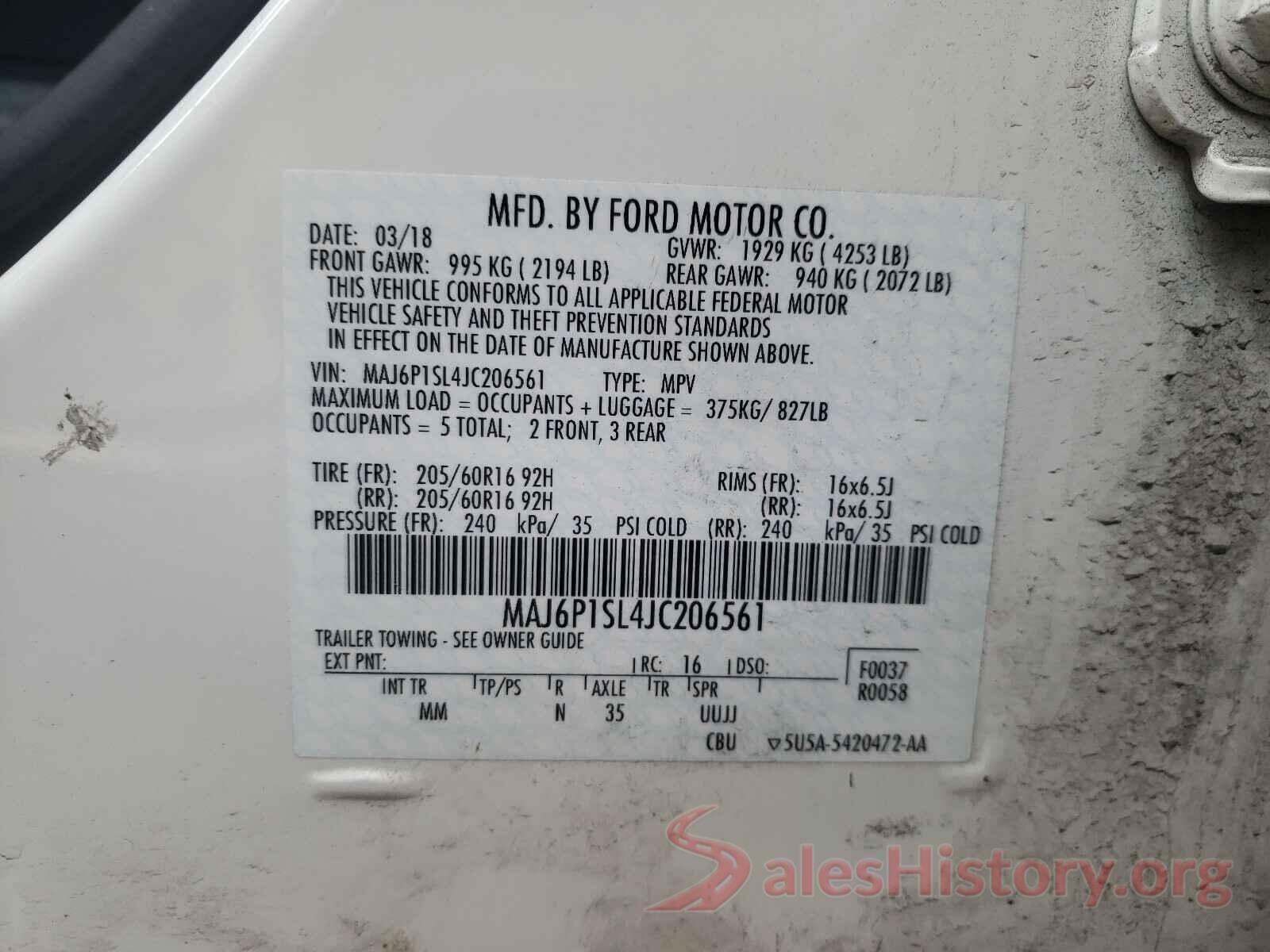 MAJ6P1SL4JC206561 2018 FORD ALL OTHER