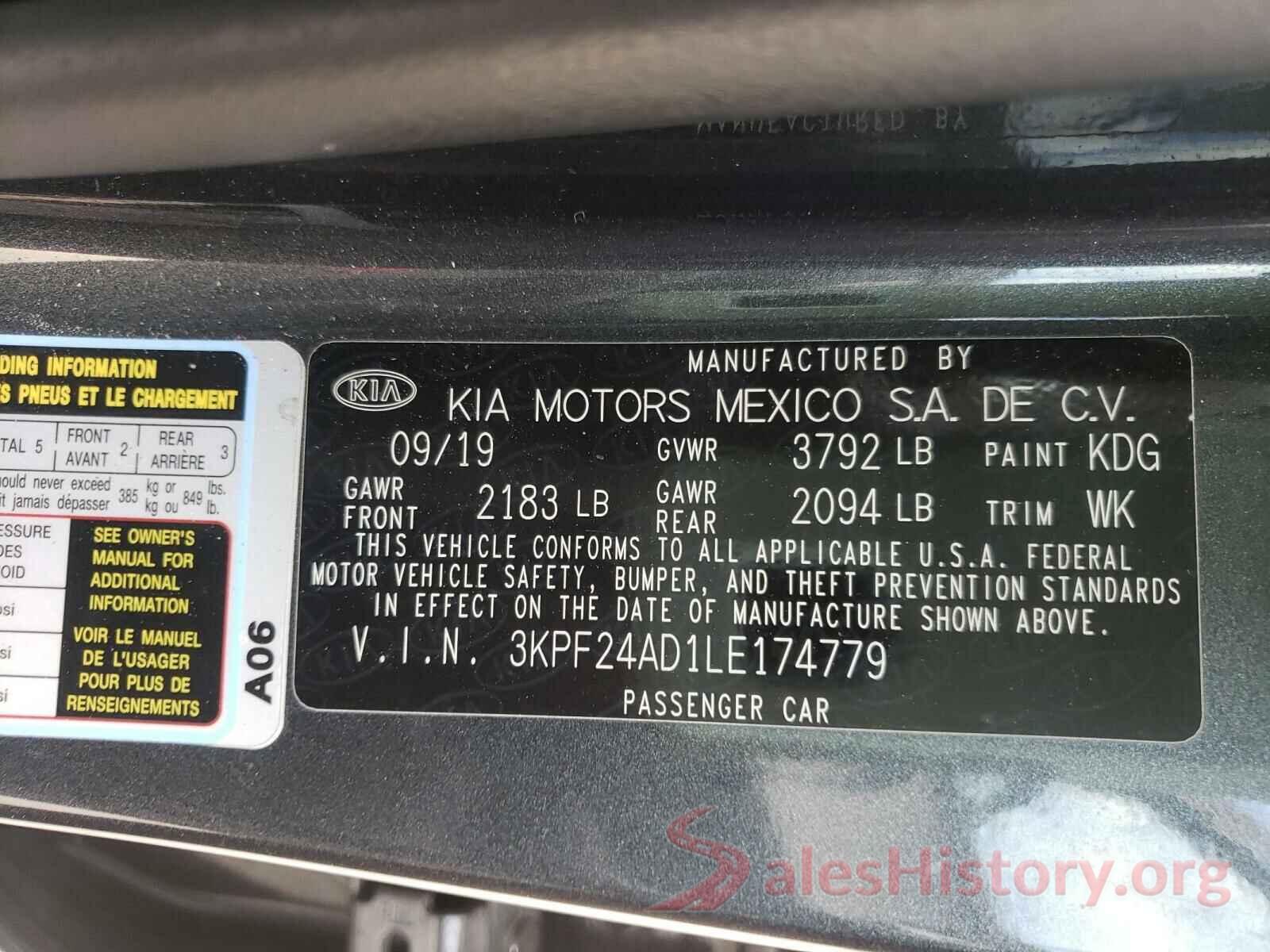 3KPF24AD1LE174779 2020 KIA FORTE