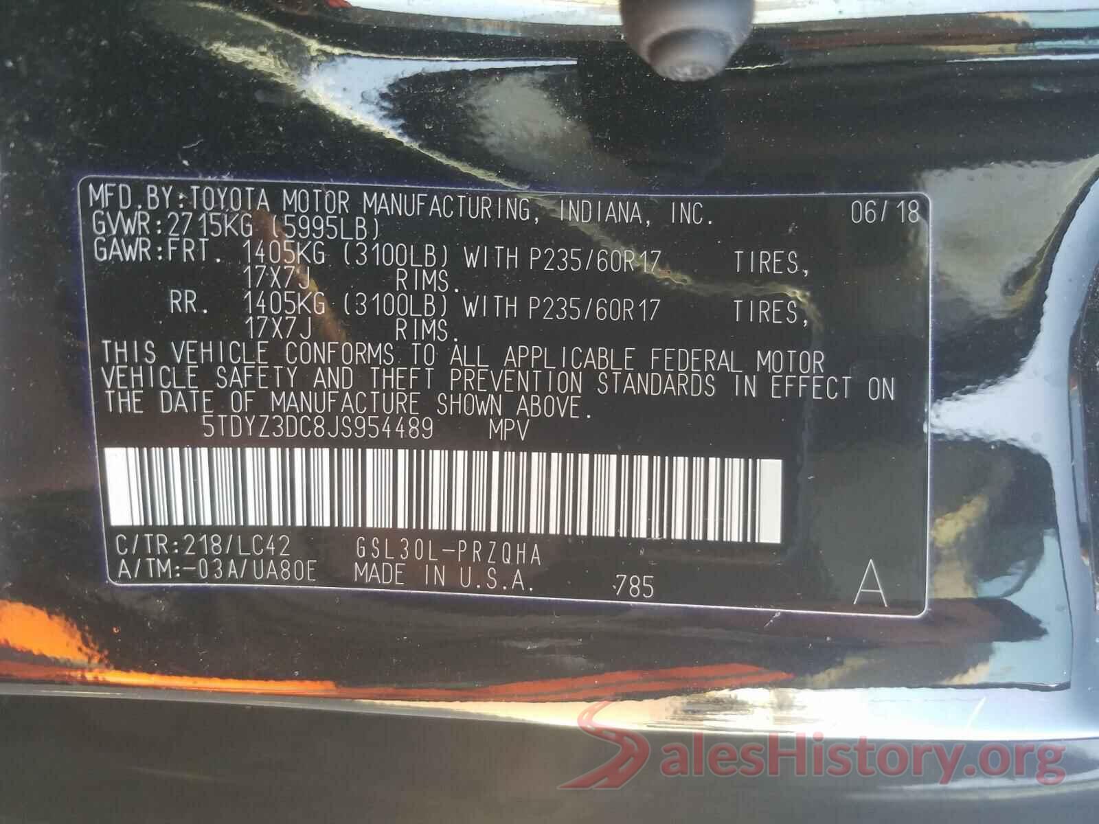 5TDYZ3DC8JS954489 2018 TOYOTA SIENNA