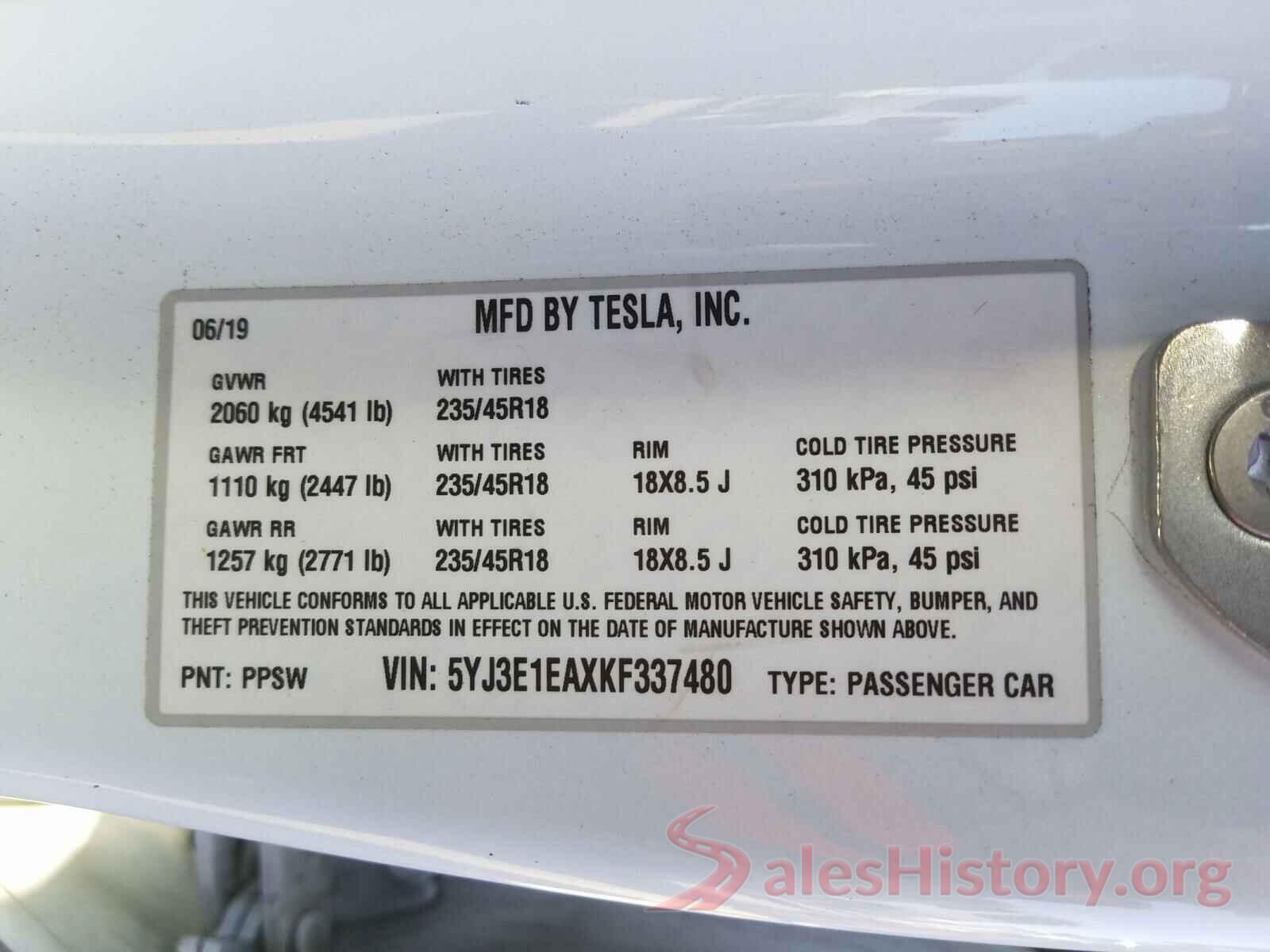 5YJ3E1EAXKF337480 2019 TESLA MODEL 3