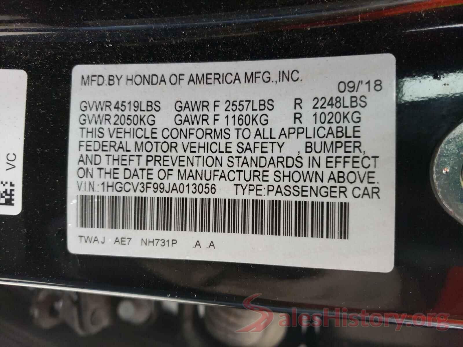 1HGCV3F99JA013056 2018 HONDA ACCORD