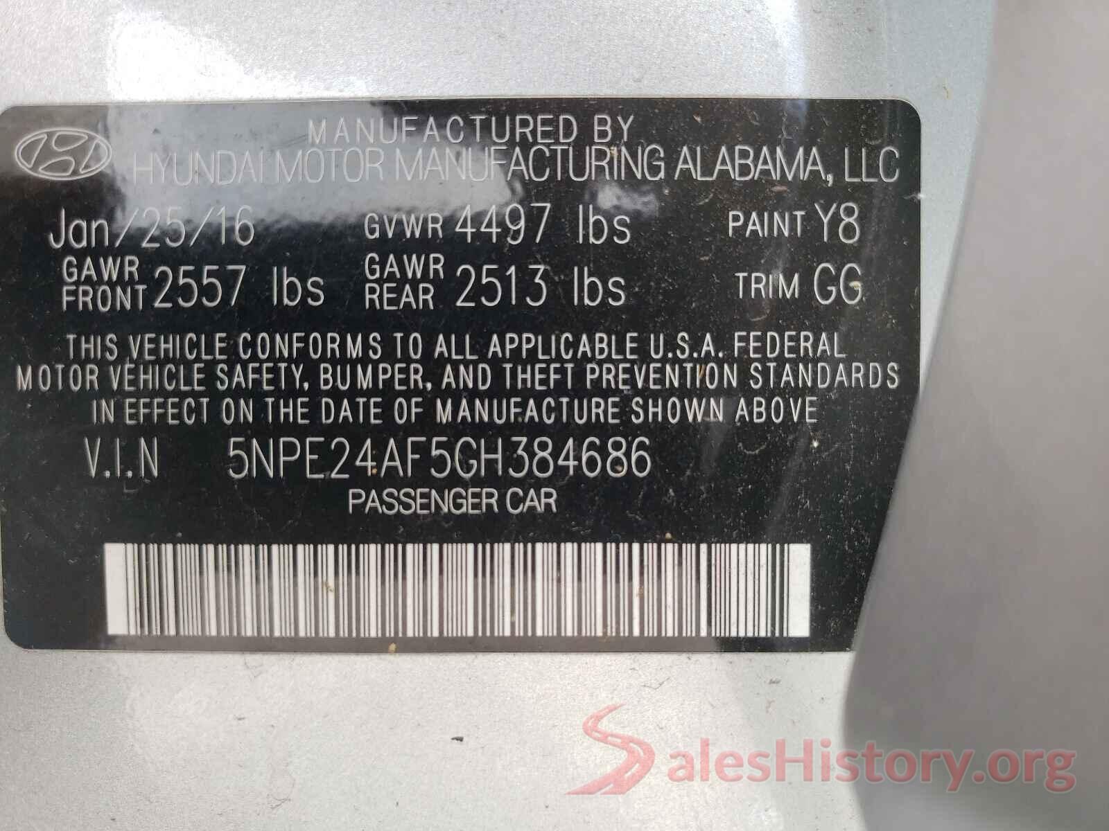 5NPE24AF5GH384686 2016 HYUNDAI SONATA