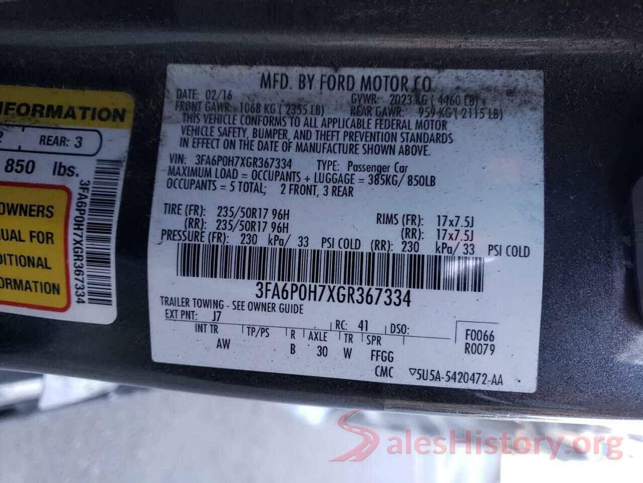 3FA6P0H7XGR367334 2016 FORD FUSION