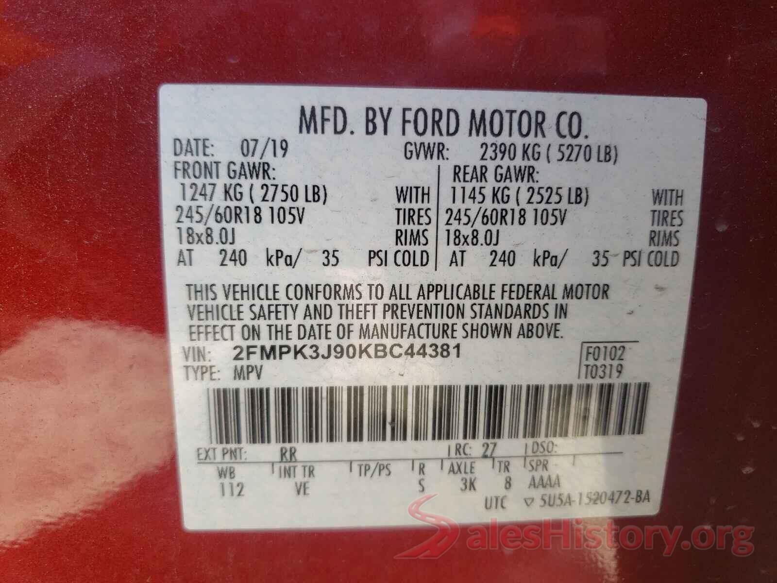 2FMPK3J90KBC44381 2019 FORD EDGE