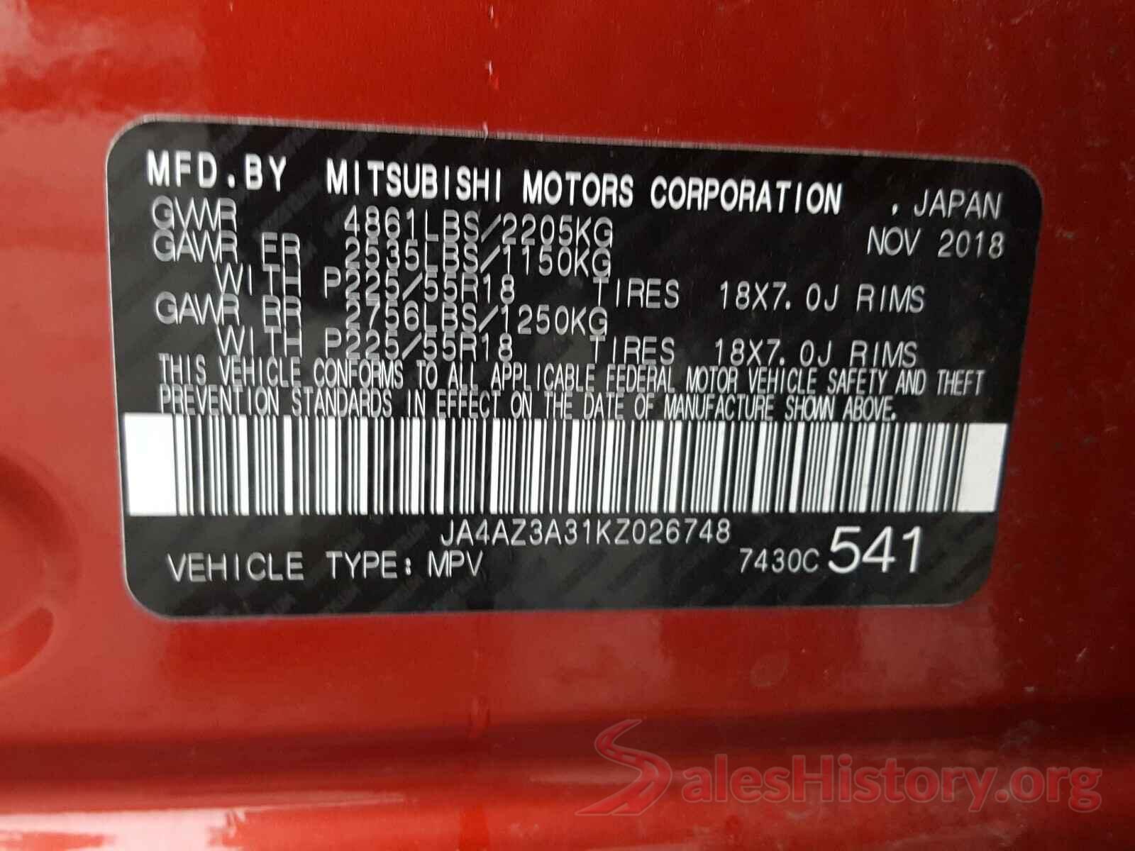 JA4AZ3A31KZ026748 2019 MITSUBISHI OUTLANDER